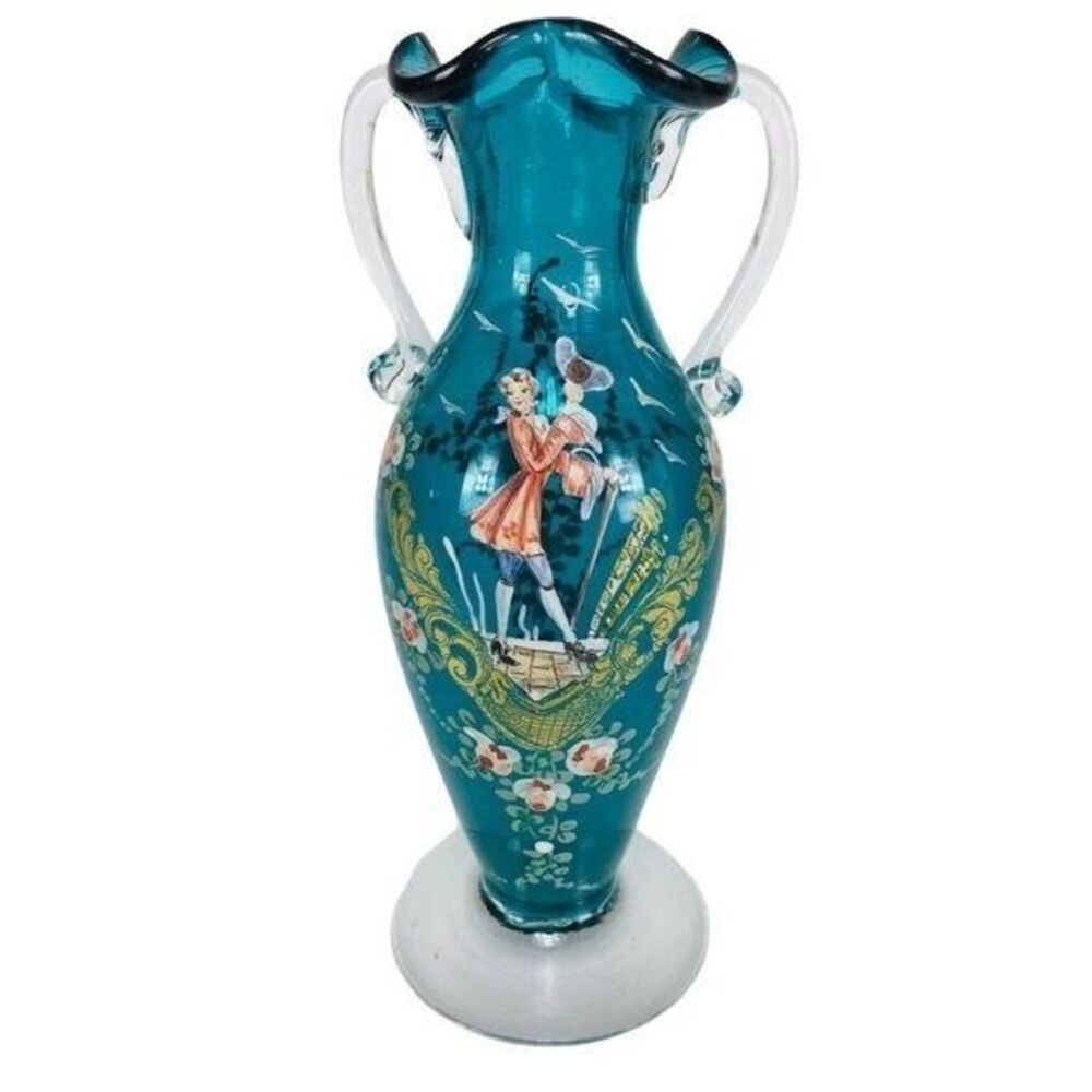 1900s Victorian Hand Painted Teal Gold Leaf Floral Blown Glass Ruffle Vase